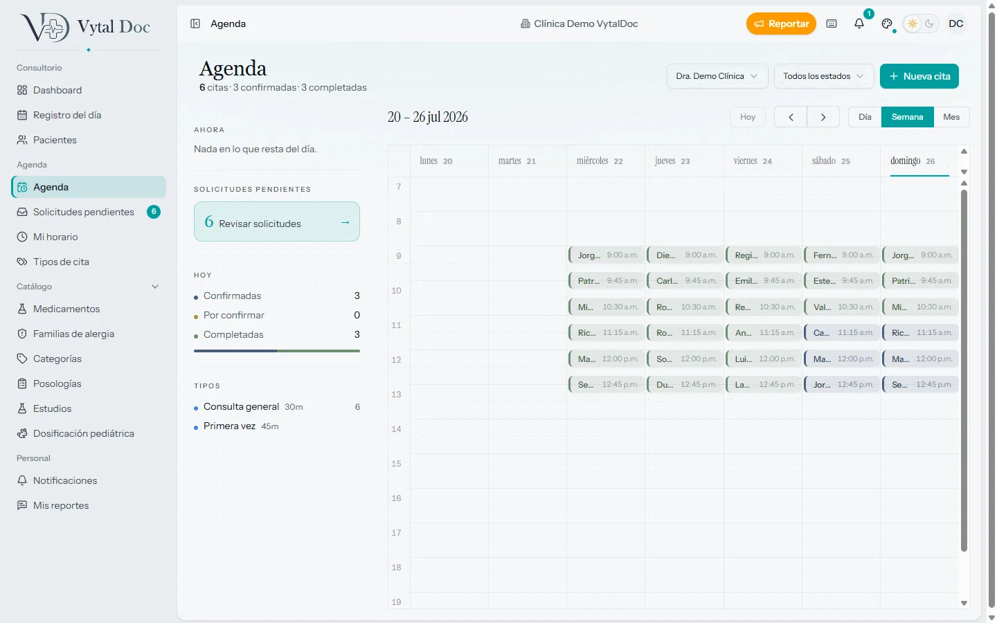 VytalDoc weekly agenda with appointments and pending online booking requests