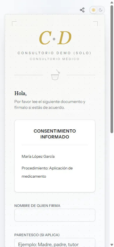 Patient-facing consent signing page with clinic branding, on mobile