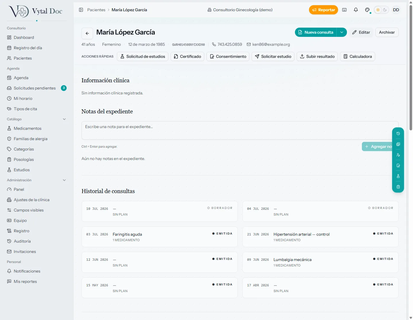 Patient chart with visit history and quick actions