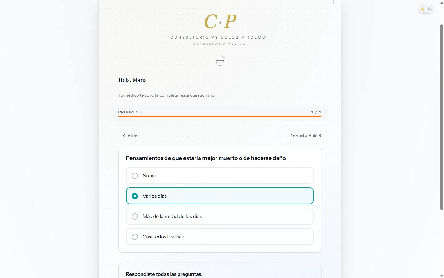 Public patient questionnaire with white-label clinic branding